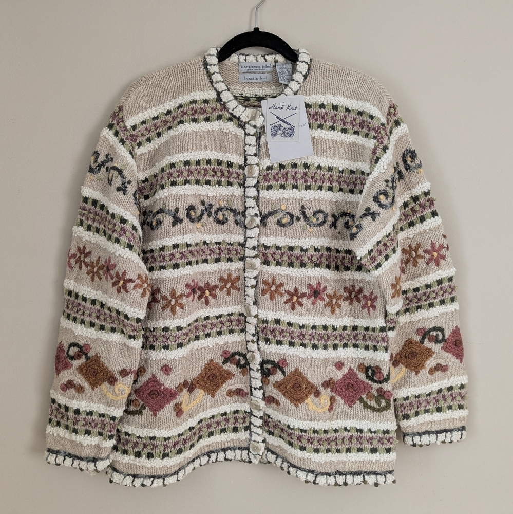 NORTHERN ISLES Vintage Wool Cardigan Women L Hand Knit Textured Embroidered  NWT